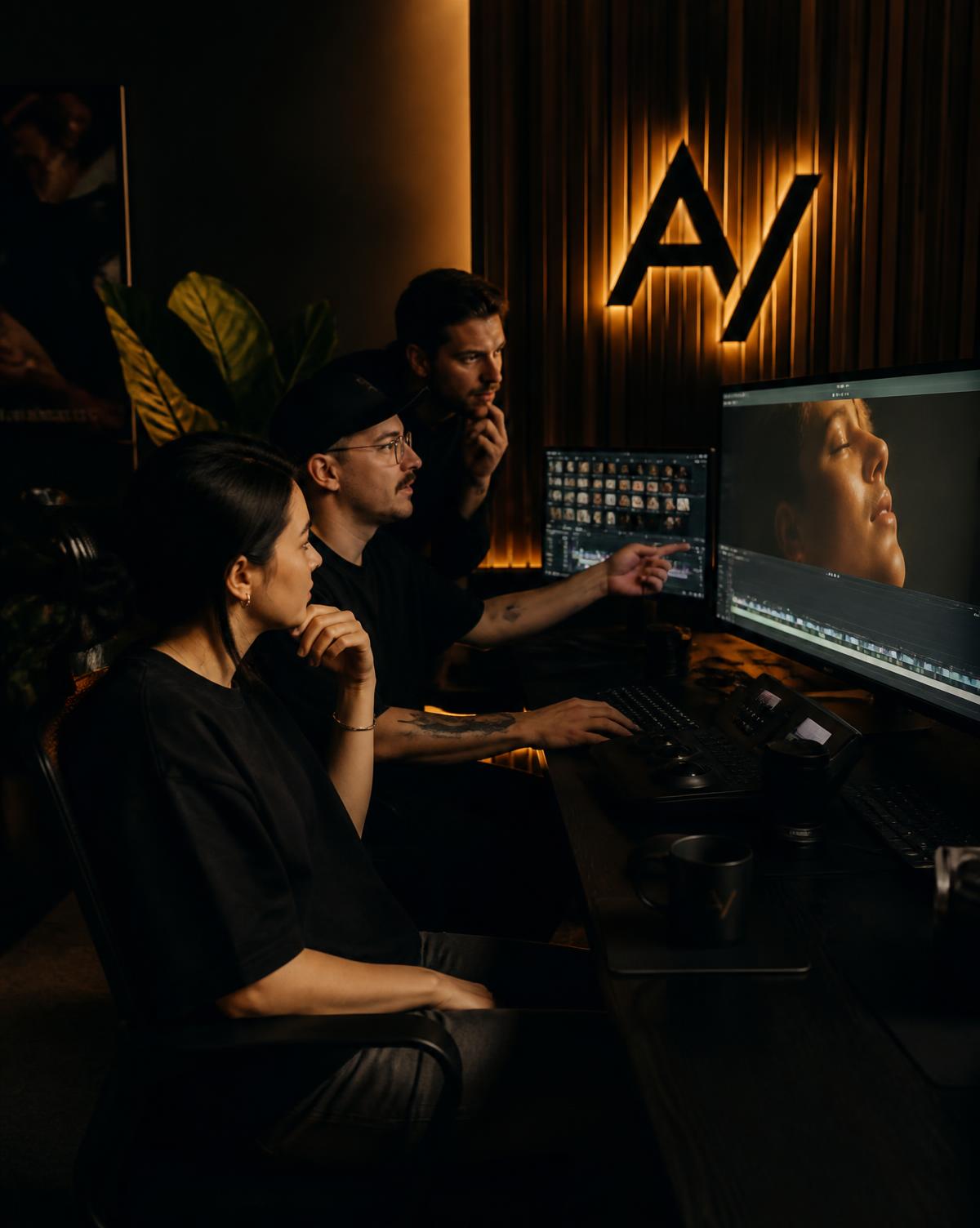 No Restriction Studios team reviewing footage in the edit suite